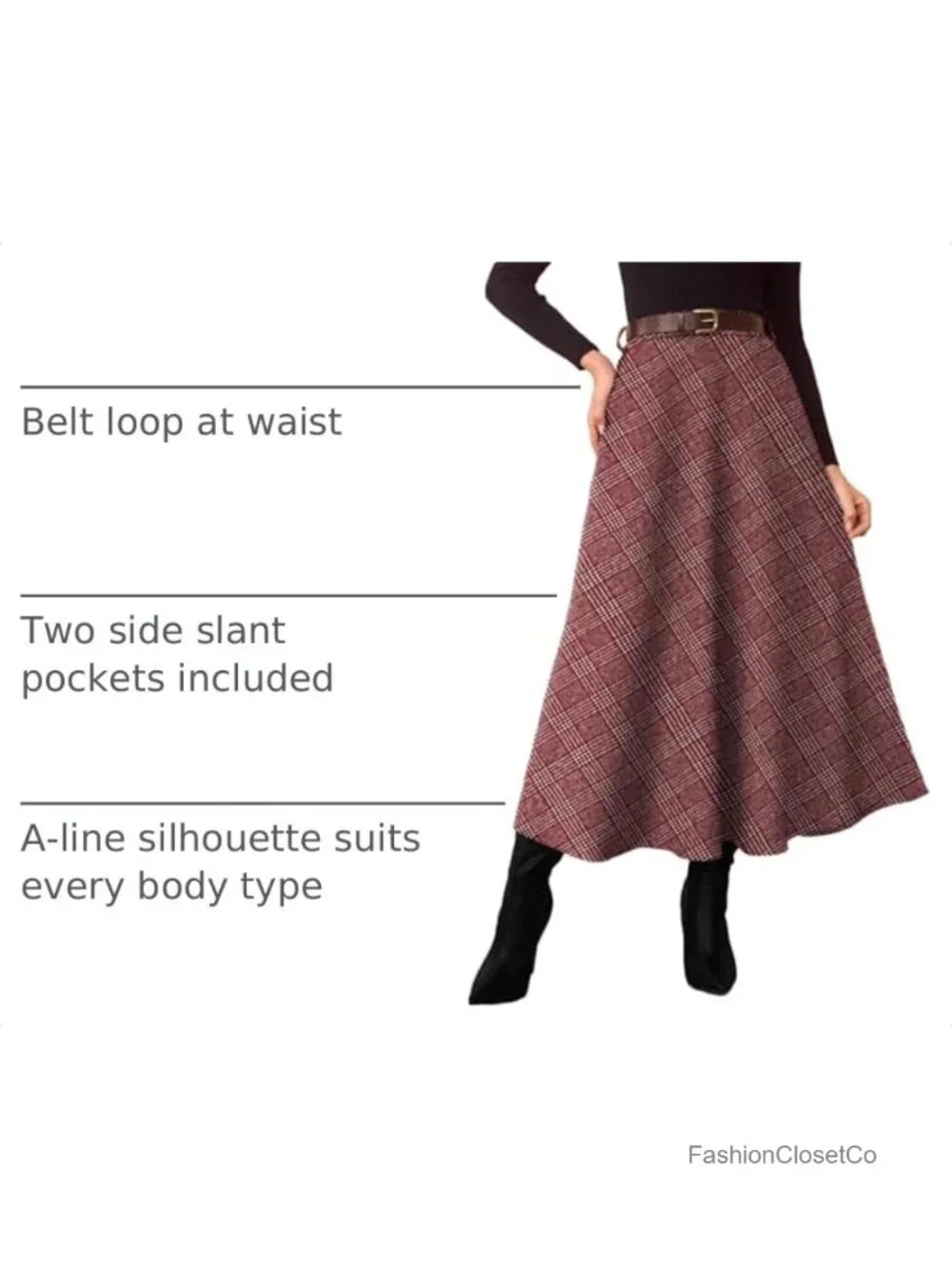 A-Line High Waist Flared Tartan Midi Skirt with Pockets